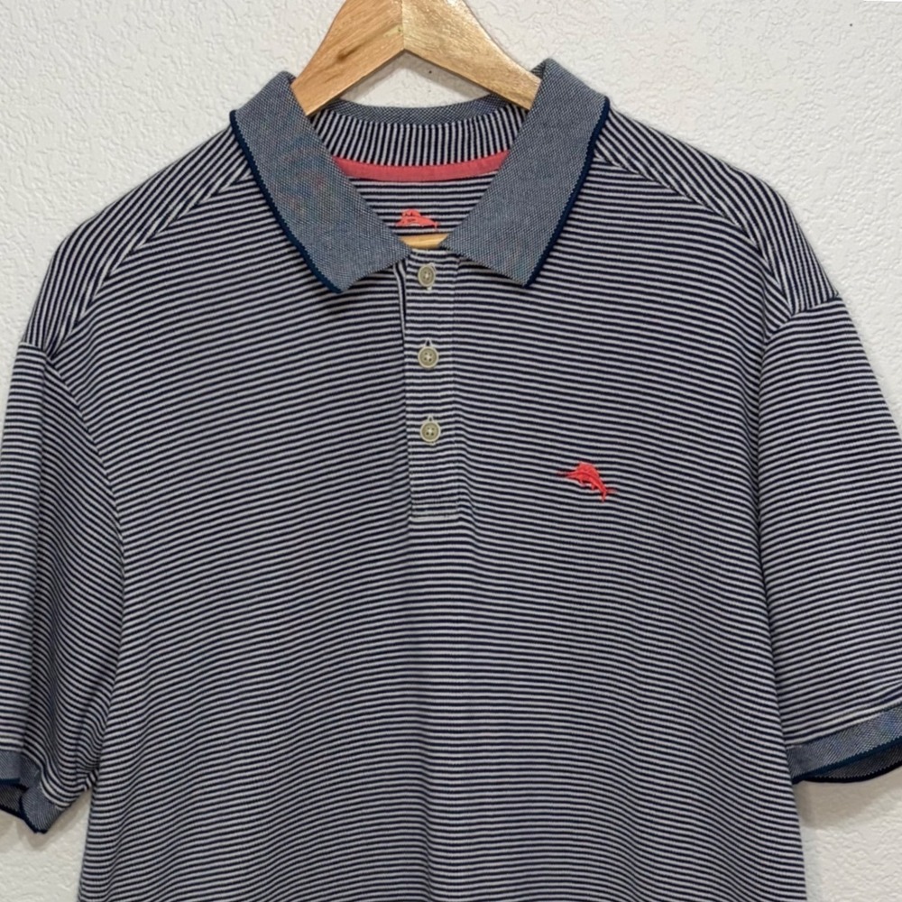 Tommy Bahama Mens XL Polo Shirt Navy Blue White Striped Marlin Logo Short Sleeve - Picture 2 of 6